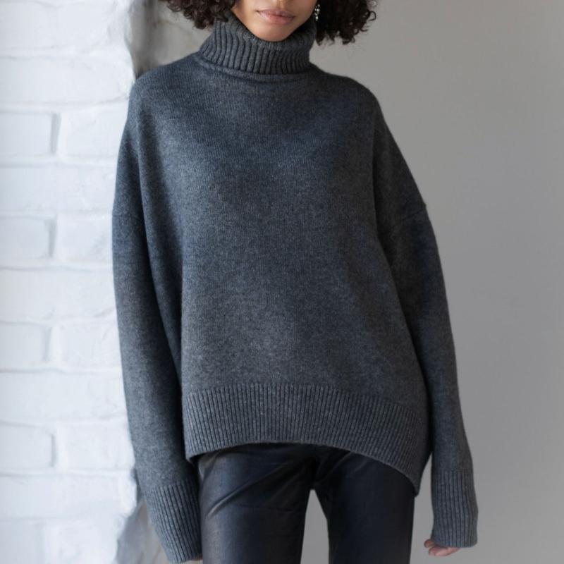Nuovo Pullover Casual a Manica Lunga in Maglia Liscia Autunno Donna Inverno Spesso Morbido Collo Alto Pullover Maglioni Donna Moda Maglieria Morbida Jumper 24913