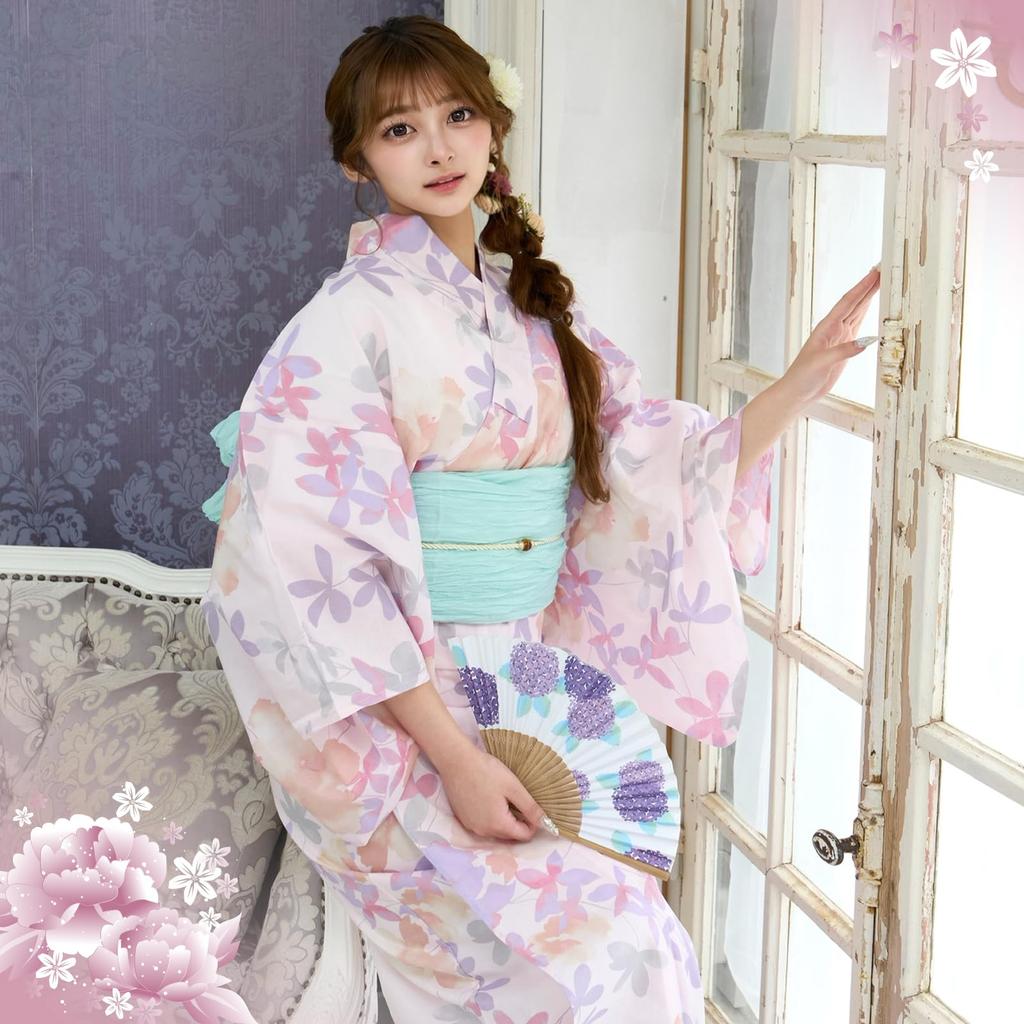 RAVIR Yukata Light Pink with Warm Tones and Abstract Floral Includes Fluffy Obi and One Size Fits All Women's 3-Piece Set, Pattern, Sandals, Pink,