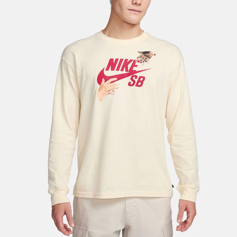 Nike SB Logo Print Ribbed Crew Neck Long Sleeve T-Shirt Men Tops Coconut-Milk FQ7682-113