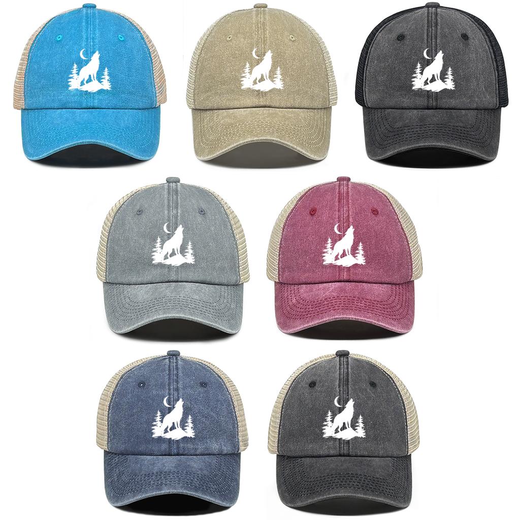 Howling Wolf Snapback Mesh Cap Forest Wolf Trucker Cap Solid Color Non-Stretch Fabric Adjustable Baseball Hat For Women & Men