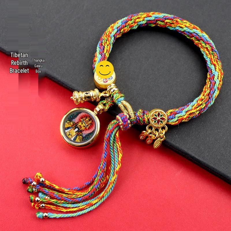 Woven Zhakiram Five Wealth Gods Eye Bracelet with Green Tara and Manjushri Thangka Design