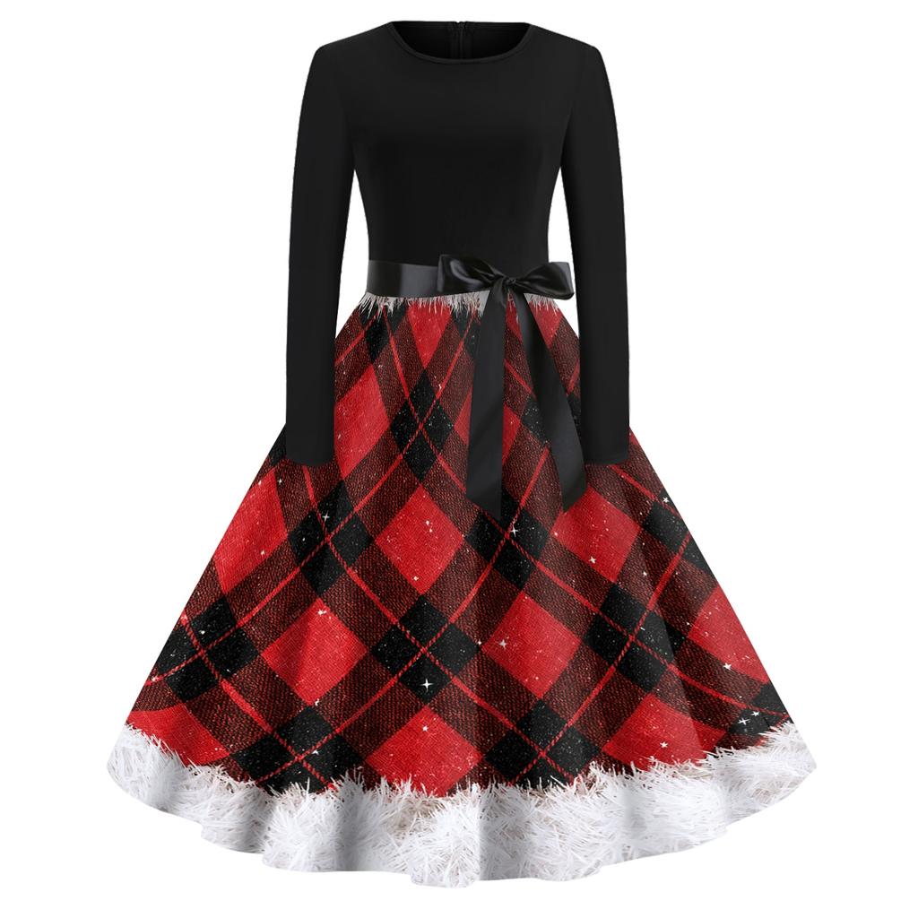Women's Vintage V-Neck Christmas Print Casual Dress for Holiday Party