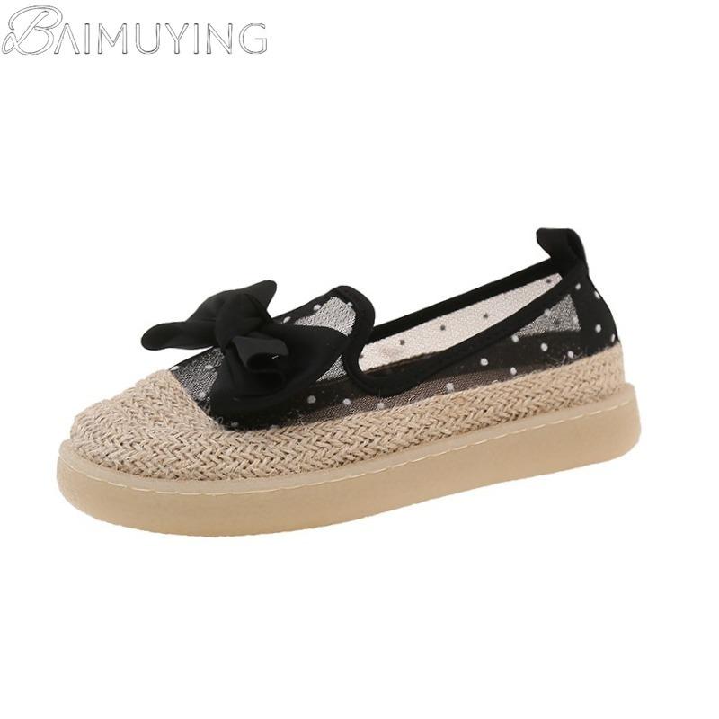 Fashion Bow Flats Loafers Shoes Women Weave Mesh Casual Soft Sole Sandals 2025 Trend Summer Beach Shallow Comfort Sandalias De Mujer