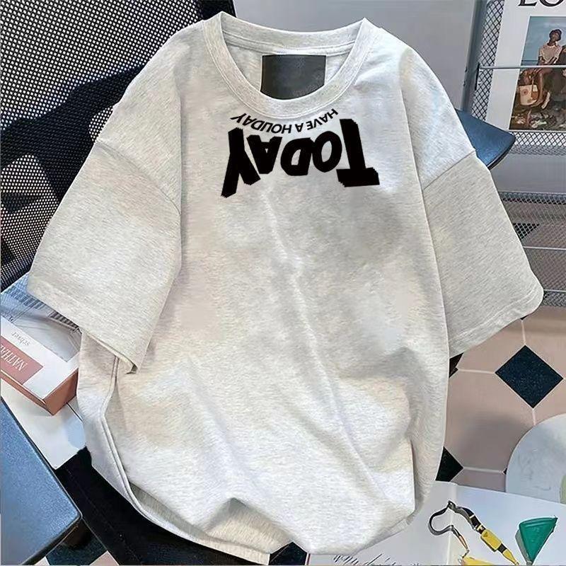 Women's Summer Trend Monogram Print Loose Shoulder Short Sleeve Top