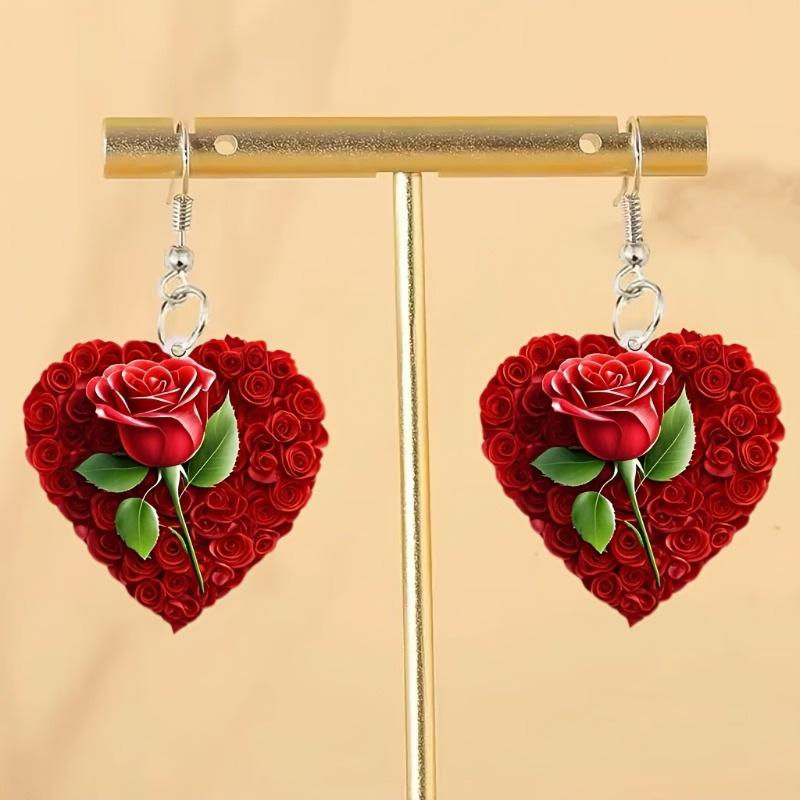 Romantic Love Pink Rose 2D Acrylic Earrings Creative Design Holiday Ladies Gift