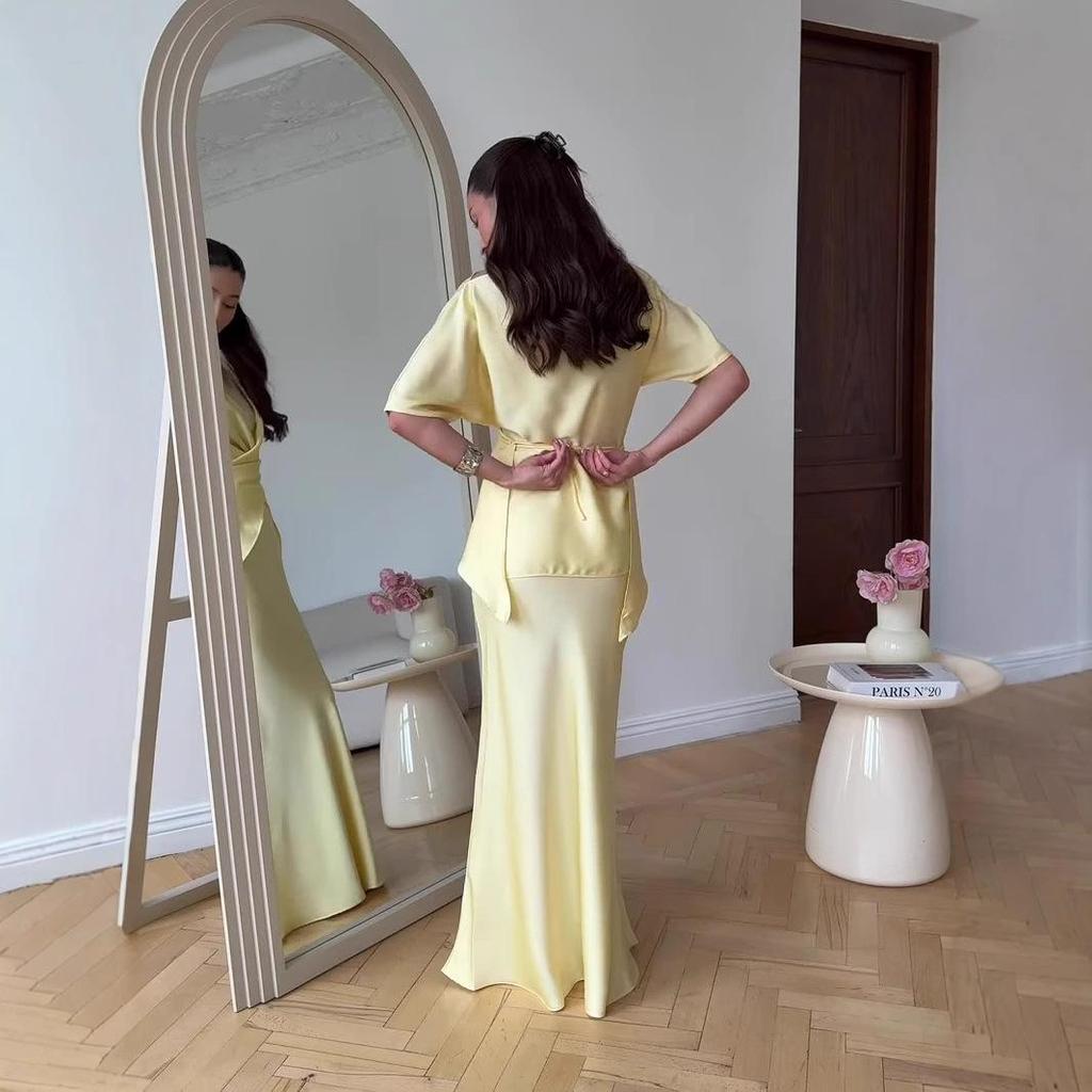 Moda donna elegante maniche corte piega spacco sposa damigelle d'onore matrimonio maxi abito lungo abiti da festa