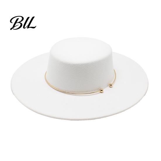 Classic Wide Brim Hat Retro Flat Top Hat, Wool Felt Pork Pie Bowler with Vintage Style Fedora Metal Ring, Trilby for Women Men Autumn Winter
