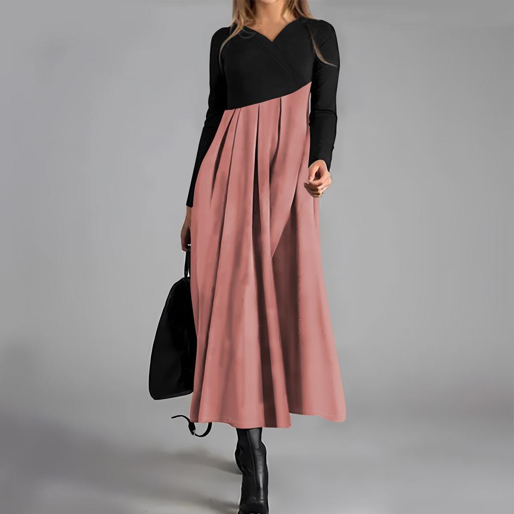 Ladies' Casual V-neck Long Sleeved Dress Color Loose And Oversized Dress
