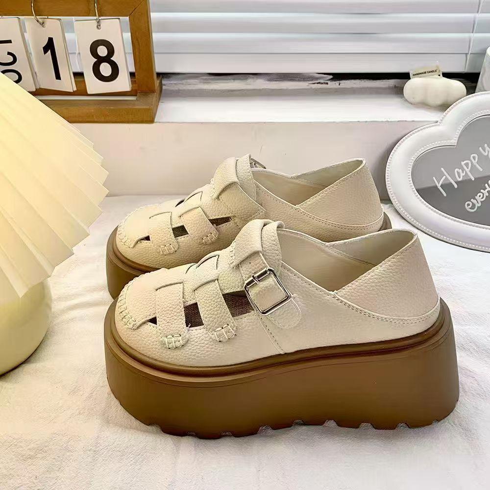 Thick-soled Heightening Versatile Breathable Roman Sandals Women's 2025 Summer and Autumn Two-wear Woven Hollow Casual Hole Shoes