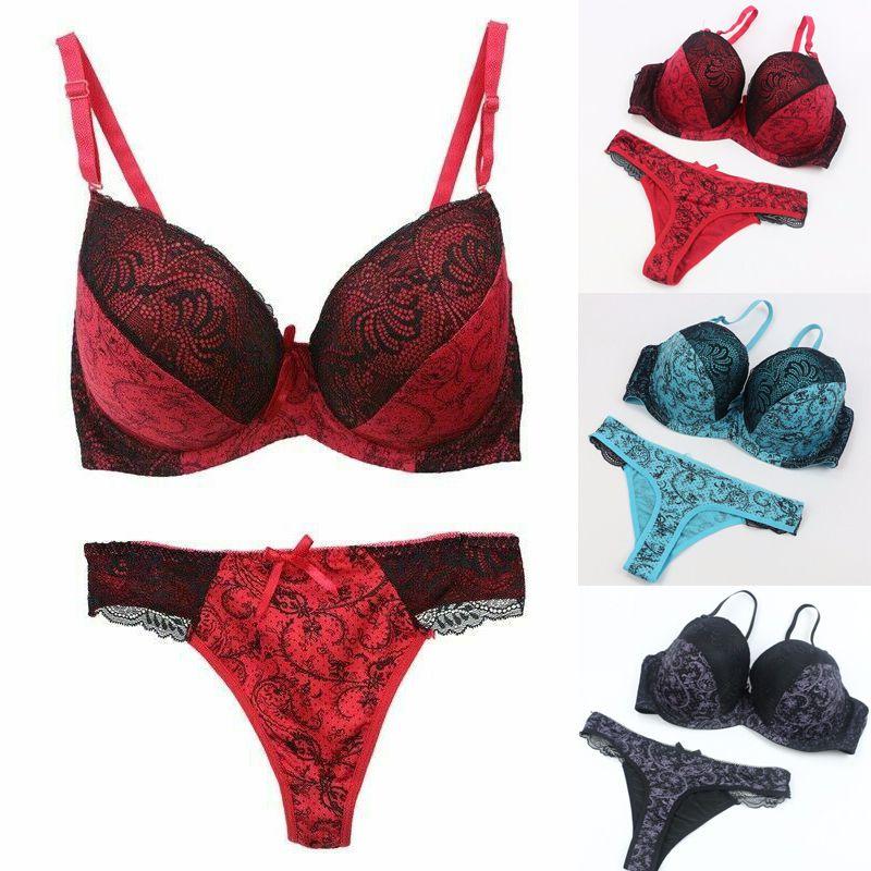 Flower Lace Womens Padded Bra Plunge Set Ladies Underwear Panties Sets Up Push