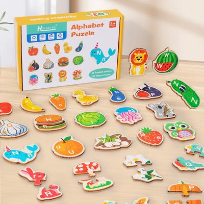 Montessori 3D Holz Alphabet Puzzle Cartoon Tier Obst und Gemüse Puzzlespiel Frühe Lernspielzeuge Geschenke für Kleinkinder Kinder
