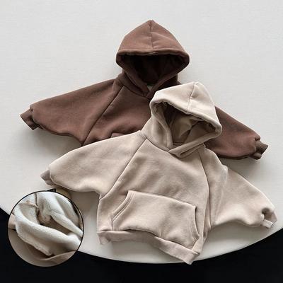 Winter Fleece Solid Hoodies Baby Boys Casual Loose Pocket All-match Hooded Top Girls Simple Thick Pullover Cotton Clothes