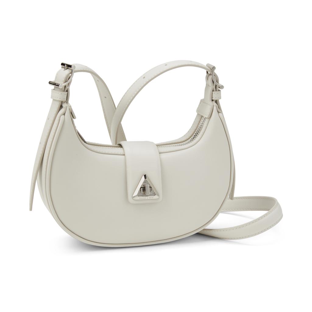 New CHARLES&KEITH PU Crescent Bag, Shoulder Bag Small Women's Noir Black/Chalk White/Cognac Light Umber/Pewter Tin Gray CK2-50271205