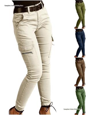 Einfarbige Damen-Jogginghose mit mittlerer Taille, Knopf und Taschen