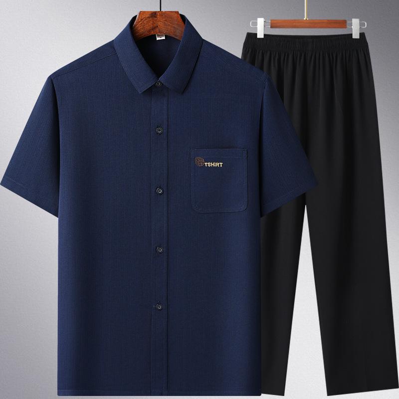 Men's Ice Silk Summer Short-Sleeve Shirt Set for Middle-Aged and Elderly