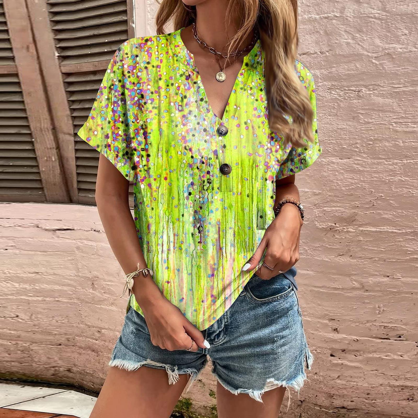 

Модні жіночі вільні літні повсякденні топи з V-подібним вирізом і ґудзиками з короткими рукавами XL жовтий