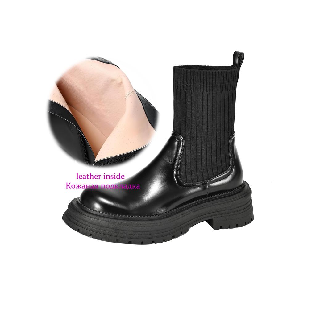 Krazing Pot Microfiber Autumn Winter Shoes Thick High Heels Flat Platform Size 43 Motorcycle Boots Knitwear Non-slip Ankle Boots