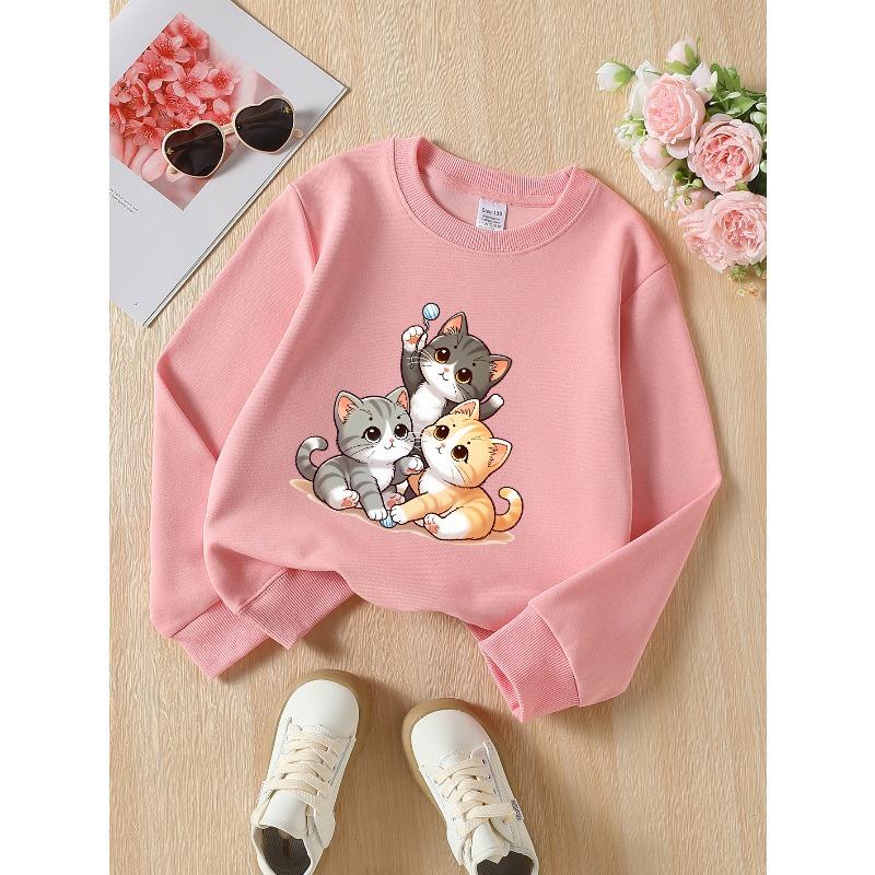 Kids Long‑Sleeve Crewneck Sweatshirt, Cute Kittens Playing Yarn Ball Print,Daily Casual Top for Spring & Autumn