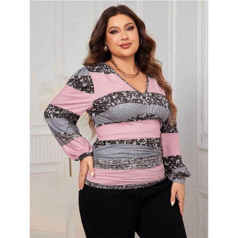 

XL-4XL Women Blouse Casual Ladies Tops Plus size Western Style V-neck Sequins Shirts Pink 4XL