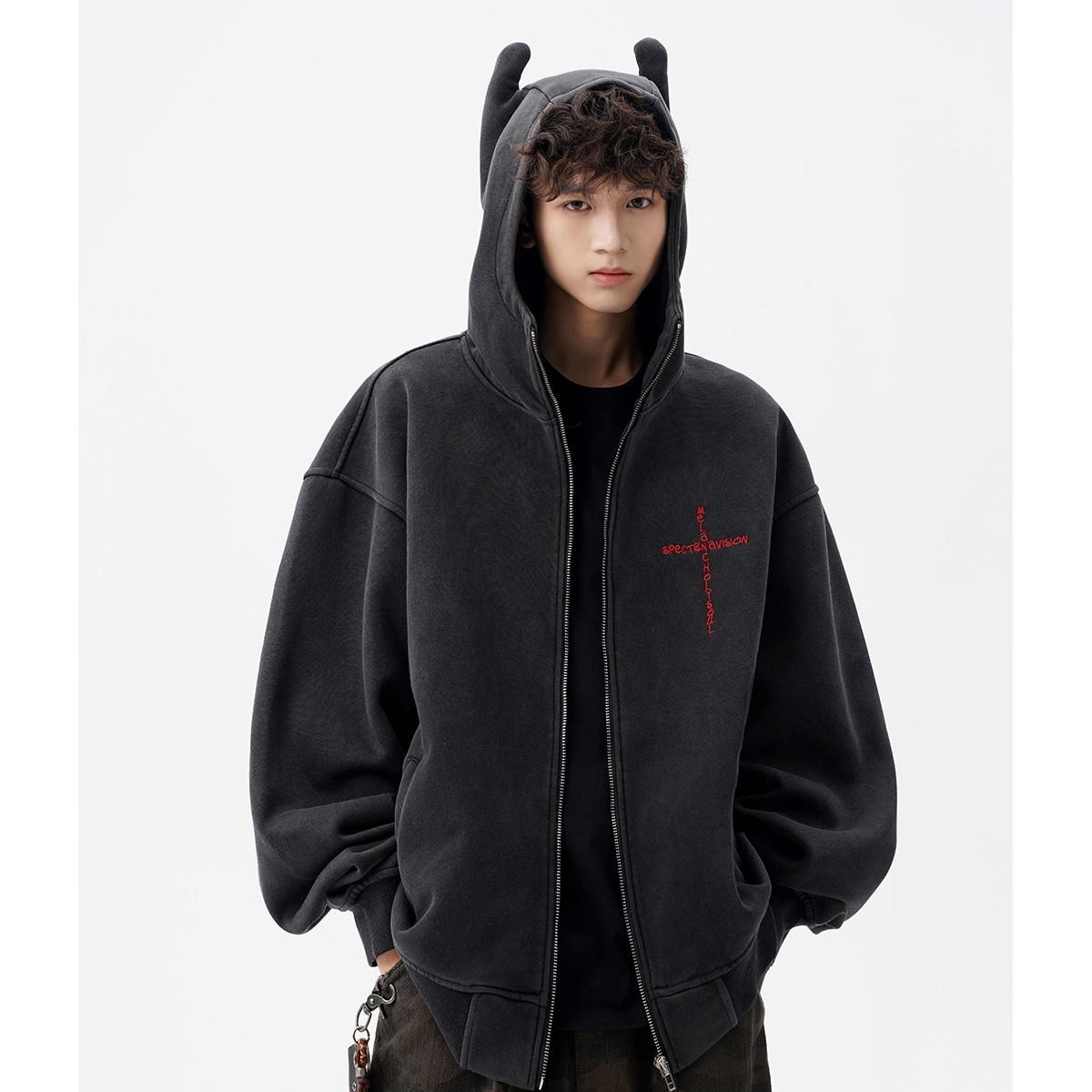 Men s Vintage Washed Cross-Stitch Hoodie: Trendy, Loose-Fit, Zipper Jacket for Autumn/Winter. Medium