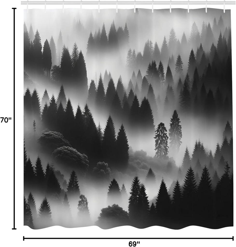 Black And White Shower Curtain, Wild Foggy Landscape Of Misty Mountain Forest With Dense Trees, Cloth Fabric Bathroom