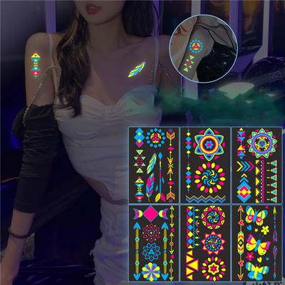 Nálepka s fluorescenčním neonovým tetováním na barový večírek Dočasná geometrie Nálepka s krajkovým tetováním s peřím Ozdoby na tělo Ženy Doplňky