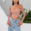 European and American Sexy Mesh Lace-up One-word Shoulder Long-sleeved Top, Women's Clothing Neck-hanging See-through Horn-sleeved Top