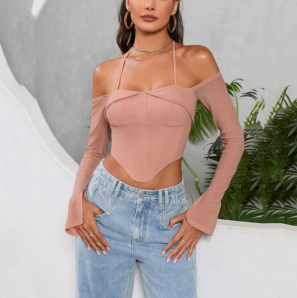 European and American Sexy Mesh Lace-up One-word Shoulder Long-sleeved Top, Women's Clothing Neck-hanging See-through Horn-sleeved Top