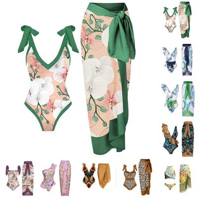 Conjunto de Biquíni de Malha com Estampa Fashion Feminina e Saia Longa para Praia (2 conjuntos com almofada no peito sem sutiã de aço)