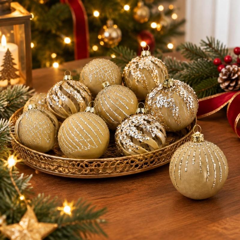 12-Piece Christmas Bauble Set, Soft-Texture Ball Decorations with Decorative Motifs and Top Rings for Holiday Tree Displays