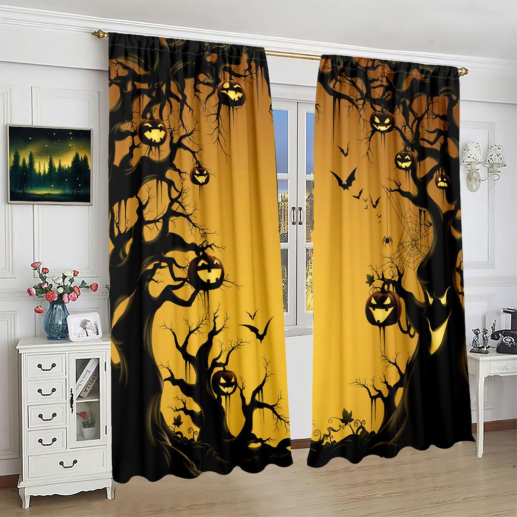 2 Pieces of Halloween Demon Pumpkin Anime Printing Curtain - Polyester Material - Suitable for Bedroom Living Room Study Room an
