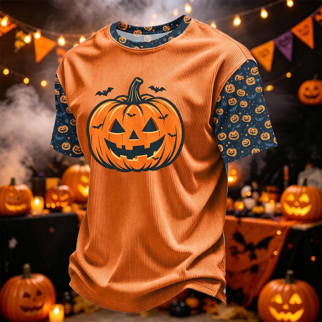 Herren Freizeit Corduroy Kurzarm Rundhals Leicht Atmungsaktiv T-Shirt mit Halloween Kürbis Print Design Bequeme Passform