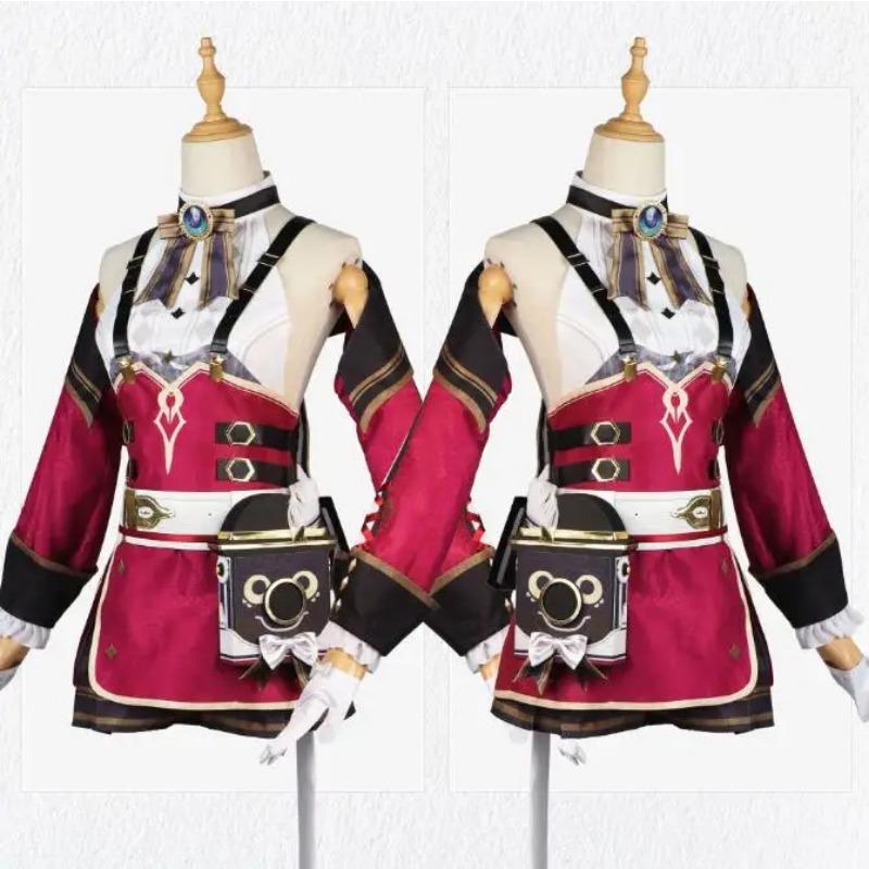 Genshin Impact Charlotte Cosplay Costume Wig Hat Glasses Red Dress Gloves Steambird Journalist Fontaine Girls Women