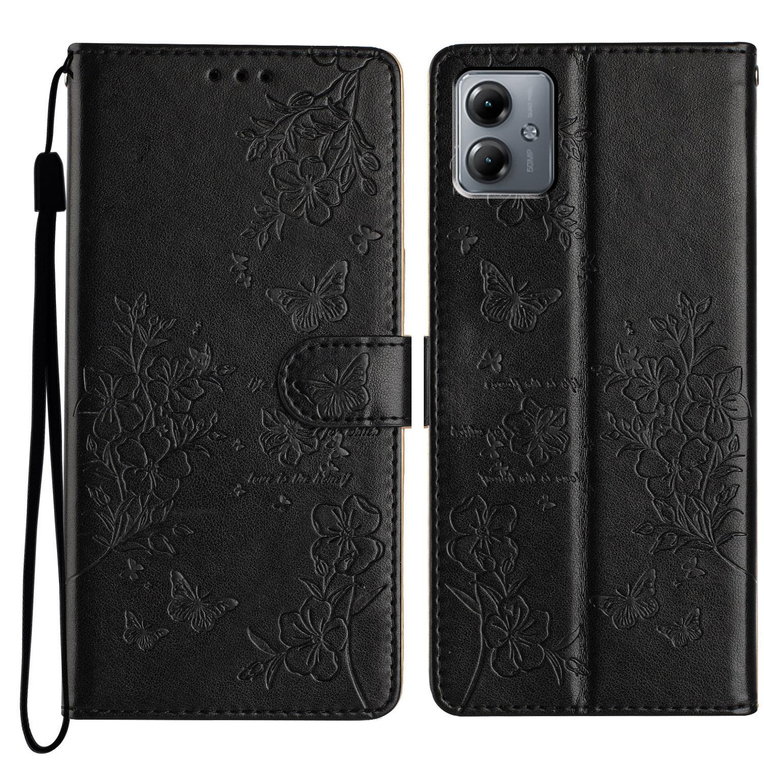 

For Motorola Moto G14 4G Stand Case Butterfly Floral Imprint Leather Phone Cover Black