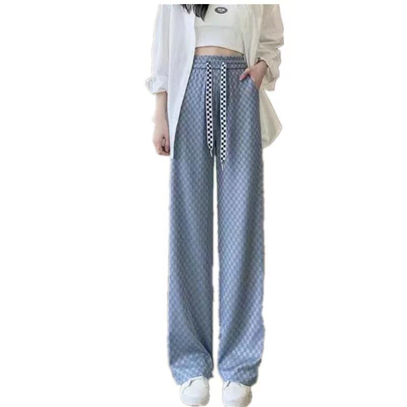Women's Summer 2025 Plaid Wide-Leg Drawstring Pants - Ice Silk, High-Waist, Loose Fit, Floor-Length, Slimming, Casual Trousers