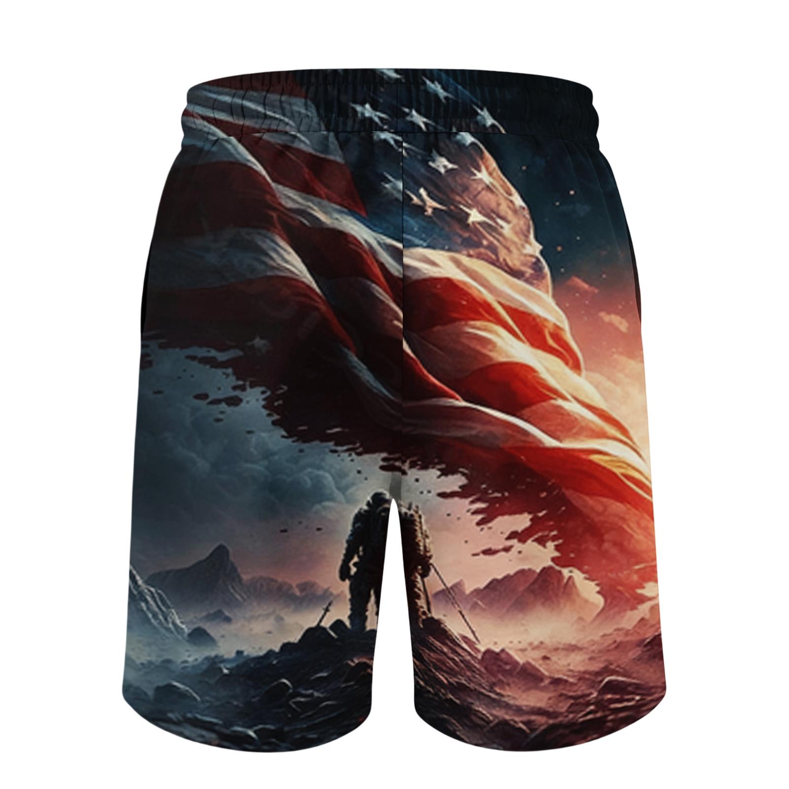 Men s  Independence Day Printed Casual Drawstring Waist Shorts L чёрный