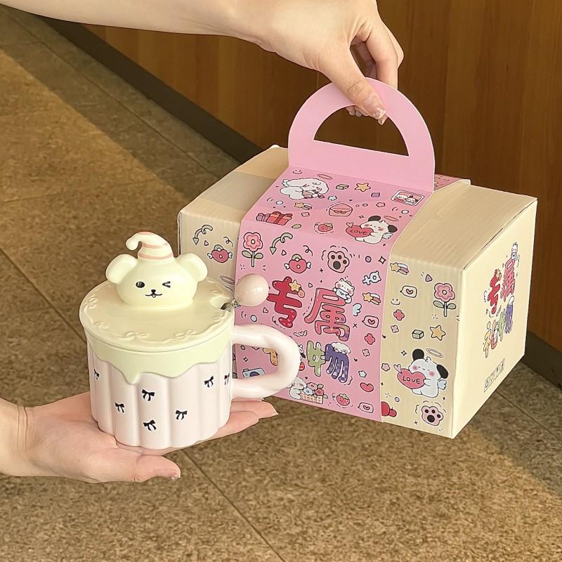 Cute cartoon yellow bear ceramic mug with lid spoon large capacity drinking cup birthday gift practical for girls