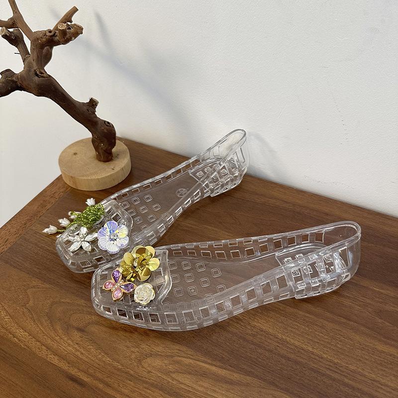 DIY Net Sandals Super Fire Korean Retro Hole Shoes Crystal Shallow Mouth Lazy Transparent Jelly Shoes Red Square Head Women's Shoes