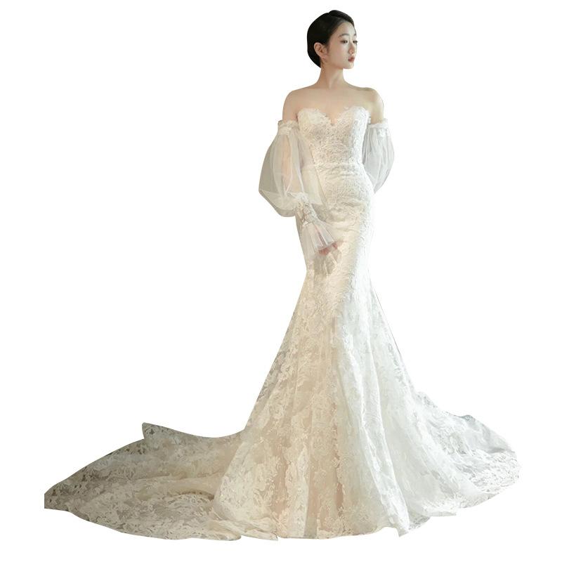 One-word Shoulder Lace Fishtail Light Wedding Dress Bridal Mori Tube Top Going Out Dress Super Fairy French Long-sleeved Trailing Dress Skirt