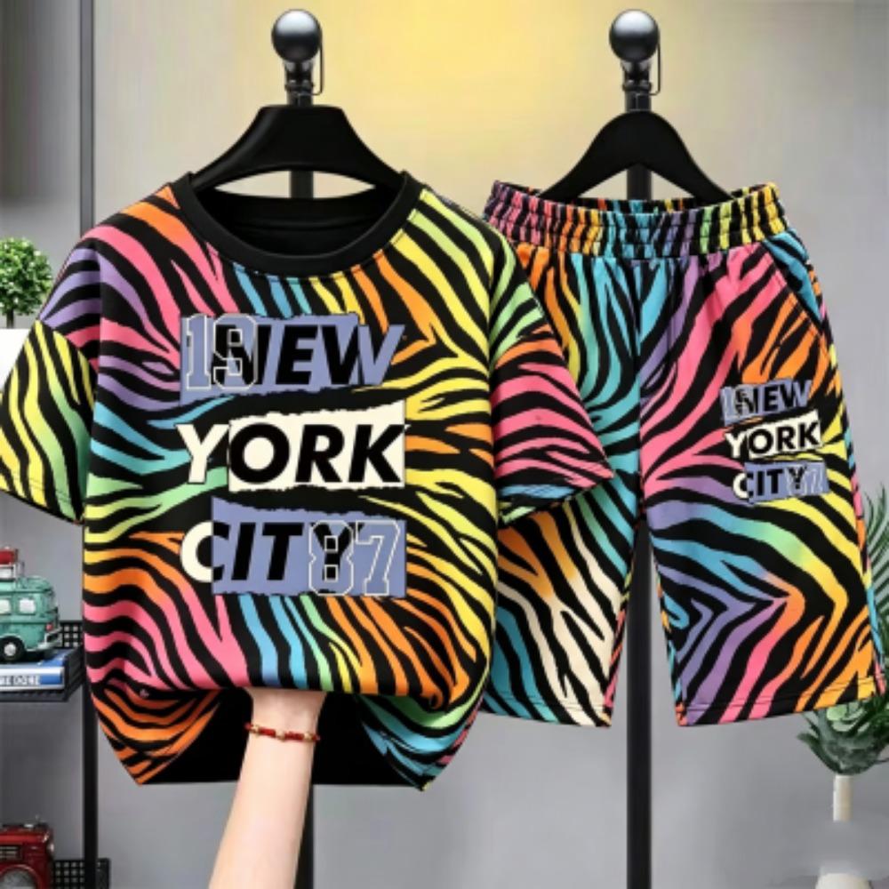 

Fashion Personalized Stripes Letter Printed Kids T-shirt and Shorts 2 Piece Set Summer Casual Outfit for Boys and Girls Kids T-shirt Set 100