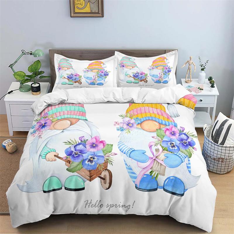 

Kids Cartoon Bee Gnomes Duvet Cover King Size White Daisy Floral Bedding Set Honey Bee Comforter Cover For Boys Girls EU single(135x200cm)