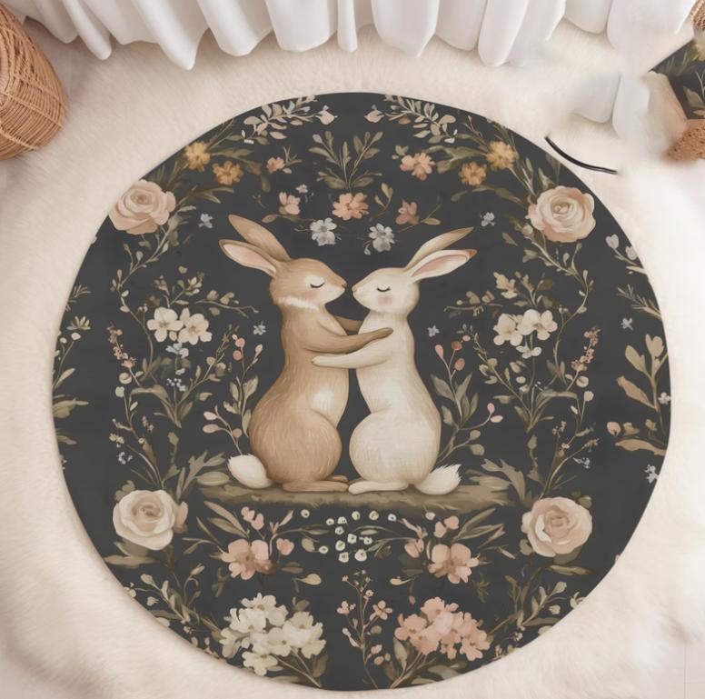 Easter Bunny Round Rug Floral Egg Decor Non-Slip Cotton Base Luxury Modern Area Rug Elegant Living Room Minimalist Mat Gift