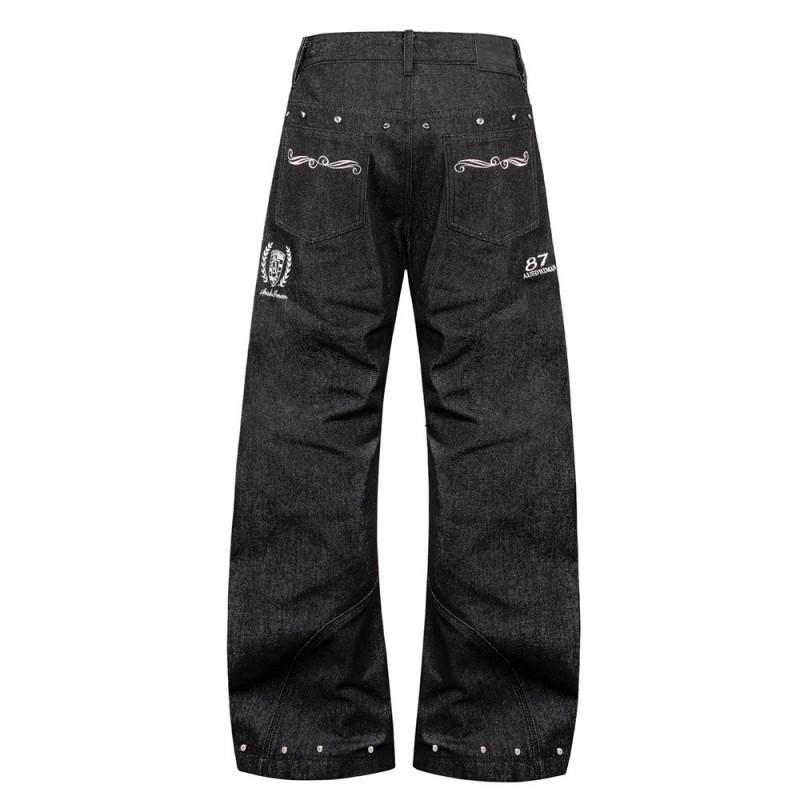 Mens Loose Fit Curved Jeans Streetwear Embroidered Rivet Denim Pants Casual Trousers