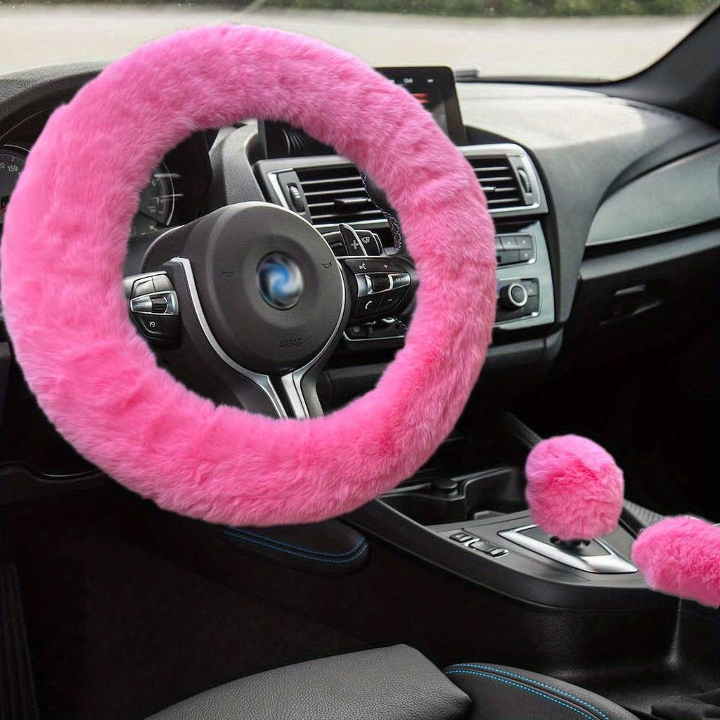 Fuzzy Steering Wheel Cover, Cute Fluffy Steering Wheel Cover With Rainbow Furry Handbrake & Gear Shift Cover Fur Decor