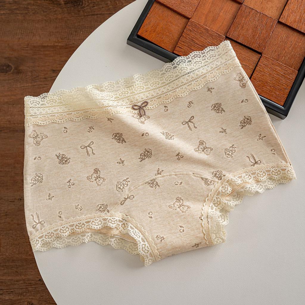 Women's Summer Lace Floral Cotton Antibacterial Skin Friendly Breathable Mid Waist Briefs