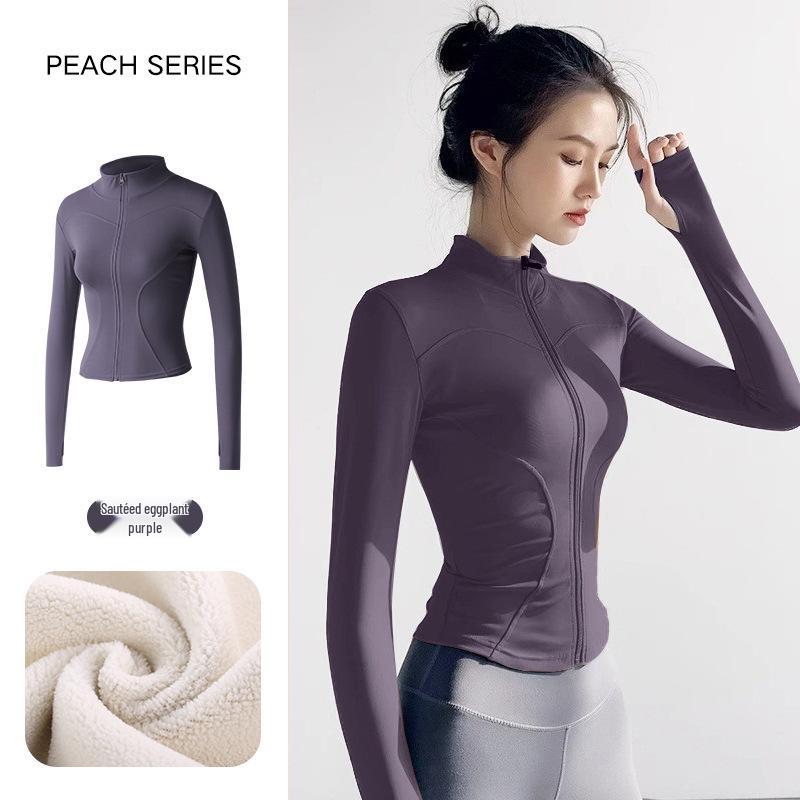 Women's Plush Slim Fit Zipper Yoga Jacket - Thickened, Elastic Long Sleeve, Stand Collar, Warm Autumn & Winter Top