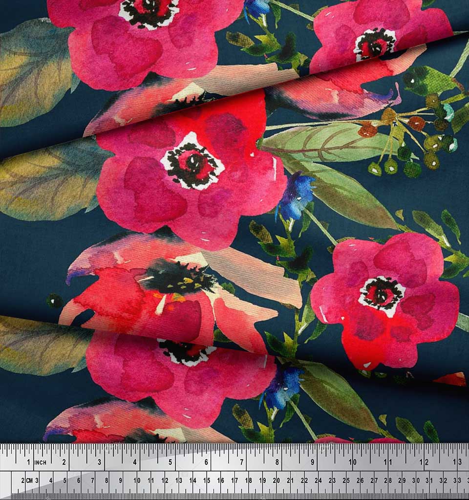 Soimoi Japan Crepe Satin Fabric Leaves & Poppy Flower Print Sewing Fabric Metre 42 Inch