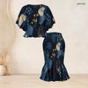 Women Plus Size Round Neck Batwing Short Sleeve Blue Green Printed Ruffle Hem Top Fishtail Skirt Two Piece Set