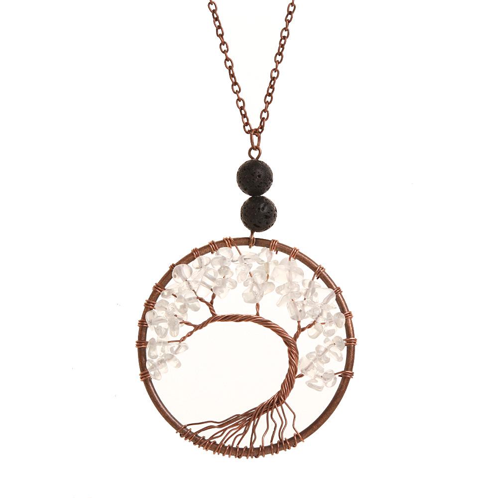 Natural Stone Agate Tree of Life Necklace with Crystal Volcanic Rock