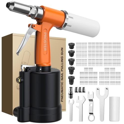 Proster Air Riveter, Pneumatic Rivet Gun, 2.4/3.2/4.0/4.8/6.4mm Nosepiece, Includes 500 Rivets